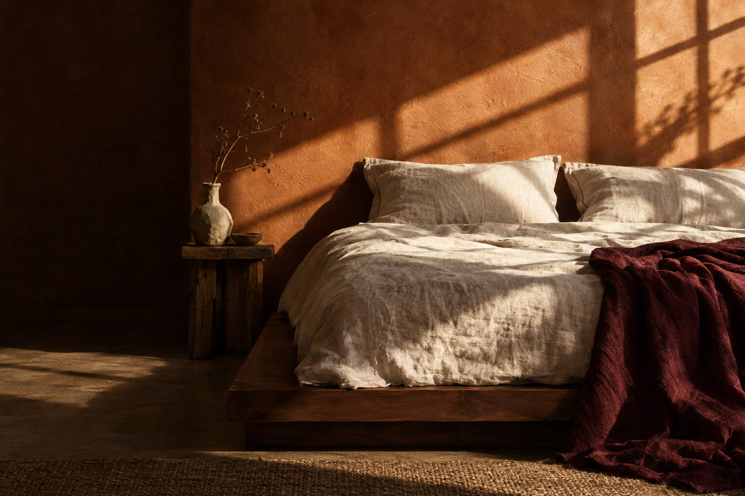 Ambientação digital de um quarto com tecidos claros, manta em tom vinho e luz de fim de tarde